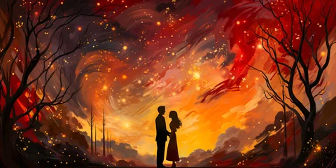 Abwaschbare Fototapete Bordeaux orange and red background illustration with glowing sparks over a silhouette of a love couple in clipart style
