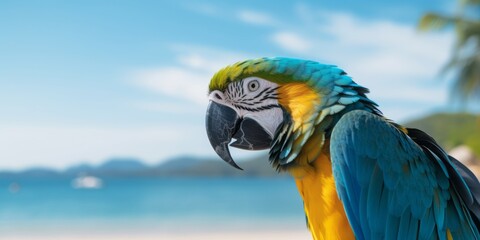 Parrot Gazing into the Image in Front of a Beautiful Beach with Gentle Shore, Palm Leaf, and Blue Sky, Immersed in Sun-Soaked Colors and Light Turquoise, Creating an Exotic Tropical Escape