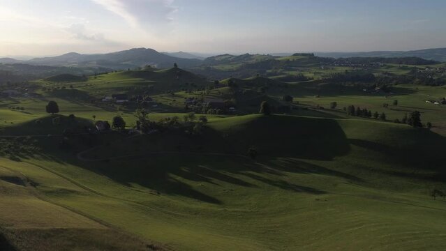 Drumlin, geological formation from the ice age, hill with trees, drone image, Menzingen, Zug, Switzerland, Europe