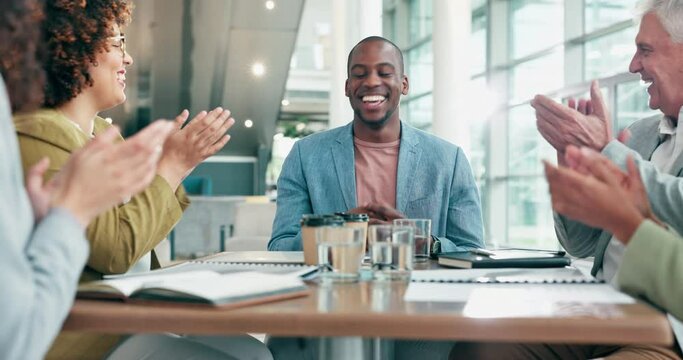 Business people, high five and applause in team meeting for success, bonus or promotion at the office. Employees clapping for businessman, achievement or winning in congratulations at the conference