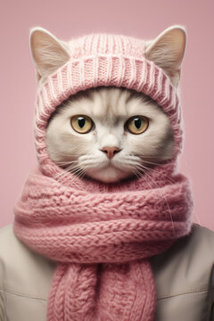 S&uuml;&szlig;e Katze im Winter, die einen rosa Schal und einen beigen Anorak tr&auml;gt, pinker Hintergrund, Portrait, Katzenportrait