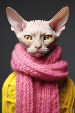 S&uuml;&szlig;e Katze im Winter, die einen pinken Schal und einen gelben Pulli tr&auml;gt, dunkler Hintergrund, Katzenportrait, Nacktkatze