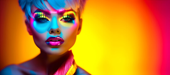 Fashion woman in fluorescent studio light. Glamorous neon colors make up