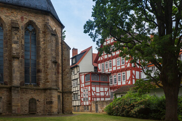 Fototapeta na wymiar German traditional architecture fachwerk wooden houses in historical center Melsungen, Hesse, Germany, June 20, 2023