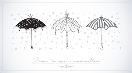 Design template with three doodle  vintage umbrellas on white background with place for your text. Vector sketch illustration. © elinacious
