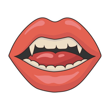lips with vampire teeth. Vector illustration in retro 70s groovy style for sticker, stamp or patch.