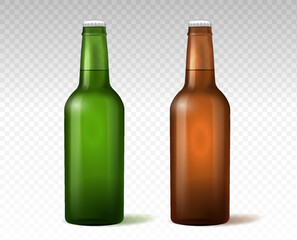Realistic beer bottles at copy space vector set
