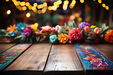 Empty wooden decorate table with Mexican fiesta background out of focus