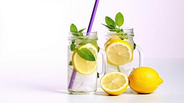 Ice-Cold Lavender Lemonade with Lemon and a Straw, Perfect for a Relaxing Summer Sip. Generative AI