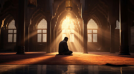 Devout Muslim man in prayer inside the serene mosque,