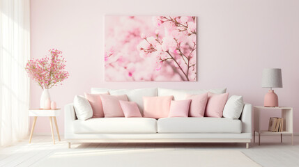 Pink sofa in modern living room with cherry flowers created with AI

