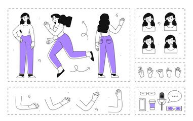 Female character elements vector line set