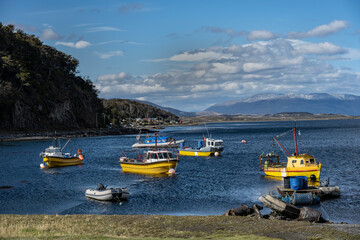 Fototapeta premium View of Puerto Almanza and its fishing boats, Tierra del Fuego, Patagonia, Argentina