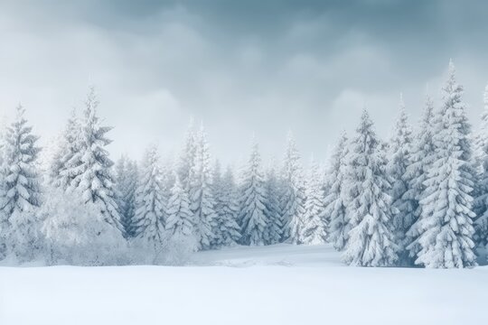 Winter background of snow and frost with pine trees, generated by AI