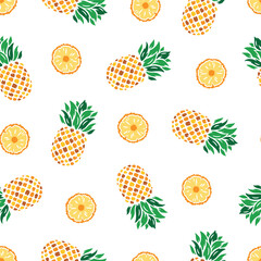 Pineapples Seamless Pattern. Floral Summer Background with Pineapple Tropical Fruit, Slices and Leaves. Vector
