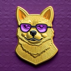 Elegant Gold Dog Brooch: Stylish Canine with Purple-Tinted Glasses. Generative AI.