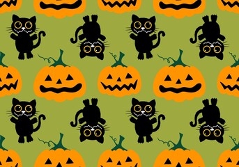 Halloween autumn harvest season pumpkins and cat pattern for wrapping paper and kids clothes print and festive