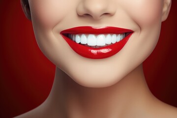Fototapeta premium Perfect smile after bleaching. Dental care and whitening teeth. Stomatology and beauty care. Woman smiling with great teeth. Cheerful female smile with fresh clear skin