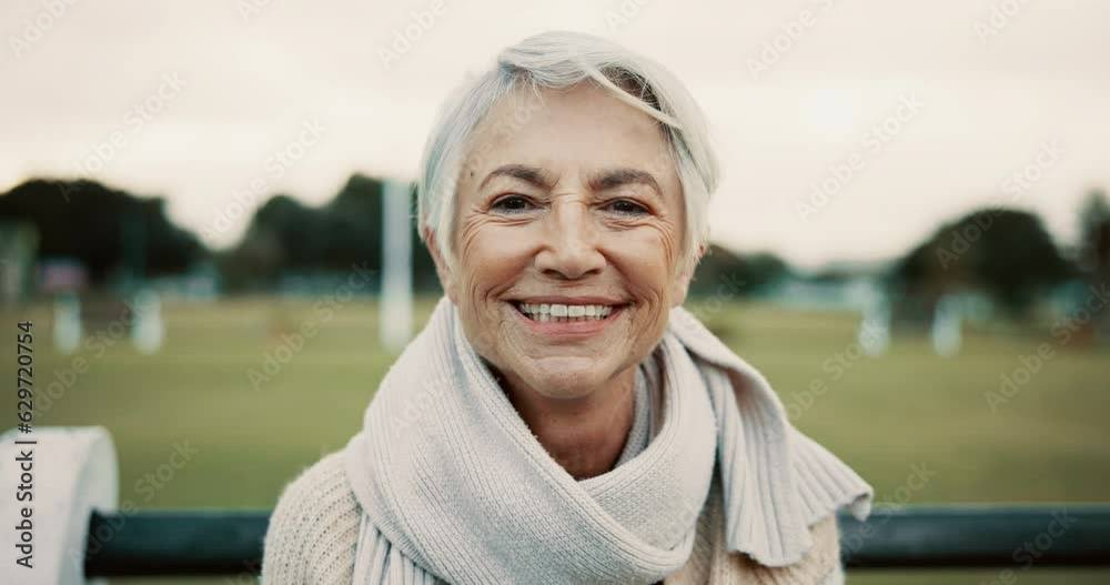 Sticker Face, senior woman and smile on park bench on vacation, holiday or travel in winter. Portrait, happy and elderly person in nature, outdoor or garden for freedom to relax for retirement in Australia