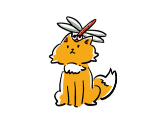 頭にとんぼが止まっているきつねの手描き風イラスト