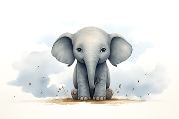 Adorable elephant, Floral Accents in a Minimalistic and Cute Style, flowers, outdoor, nature. watercolor style