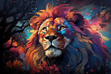 Lion, a lion's head, Abstract multicolor profile portrait of a woman's head, modern graffiti art