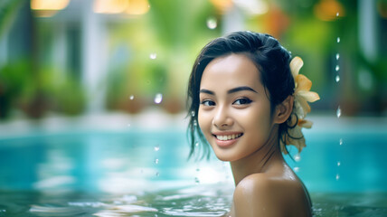 young adult woman with black hair color, in water in tropical swimming pool, smiling embarrassed or relaxed, water drops, cooling refreshment in water while swimming, wearing bikini