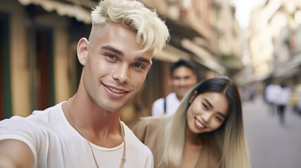 attractive young adult caucasian man or teenage boy with blond hairdo, cool and casual, smirking or smiling, white shirt and thin gold chain, side street of an old town, with a woman