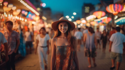 woman, 20s 30s, attractive, wearing summer dress, slim female, confident, in side street as pedestrian zone with many tourists and locals, party street or local market