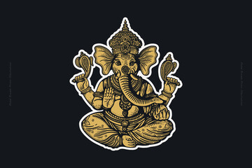 Sticker of Ganesh on dark background. Hand-drawn Indian mythical creature with the head of an elephant. Retro illustration for yoga studio and esoteric shop design in vintage engraving style.