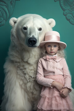 Portrait of a little girl with her polar bear pet. Kids room decoration, fairytale, friendship concept. AI generative, illustration