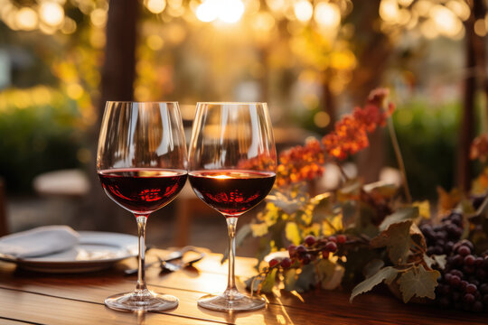 glass with red wine in background. placed on table, with bottle. atmosphere of romance and coziness, symbolizing pleasure, enjoyment, and relaxation