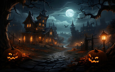 Halloween pumpkins and Castle spooky in night