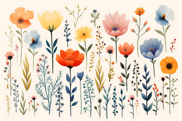 Floral set Composition with Soft Colors and Wild Flower Motifs, minimal, minimalistic, flat design.