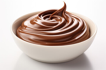 velvety chocolate sauce flows gracefully into a pristine white bowl, perfect for dessert or baking. culinary topics, or for dessert and chocolate recipe books