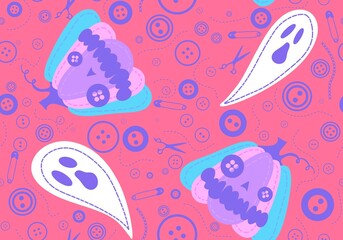 Halloween sewing monsters seamless pumpkins and ghost and buttons and scissors pattern for fabrics