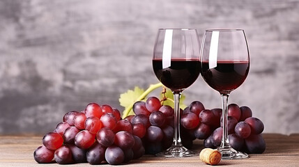 Two glasses of vintage red wine and bunch of grapes on wooden table, grunged concrete wall background. Generative AI
