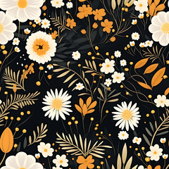 Tiny wildflowers in watercolor style on a black background. Seamless pattern. Endless tile. 