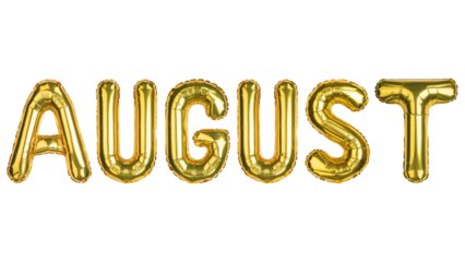 August. August balloons. Last Summer month. Yellow Gold foil helium balloon. Good for advertising, event, store shop posters. English alphabet letters, word. High resolution photo. Isolated background