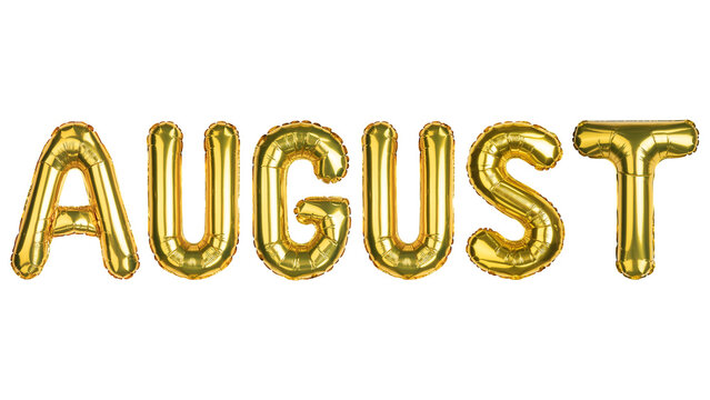 August. August balloons. Last Summer month. Yellow Gold foil helium balloon. Good for advertising, event, store shop posters. English alphabet letters, word. High resolution photo. Isolated background