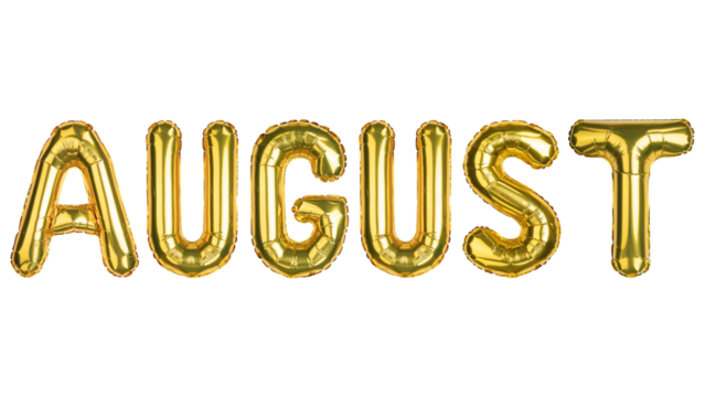August. August balloons. Last Summer month. Yellow Gold foil helium balloon. Good for advertising, event, store shop posters. English alphabet letters, word. High resolution photo. Isolated background