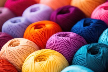 Background from colored yarn. Balls of thread close-up. Materials for needlework. Rack with yarn in the store. Shelf with multi-colored threads for knitting