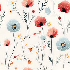 Tiny wildflowers in watercolor style on a white background. Seamless pattern. Endless tile. 