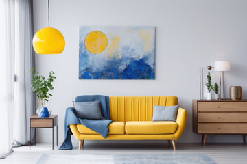 Yellow and blue painting on white wall in bright living room. Grey cupboard, gold lamp, sofa with blanket and pillows.
