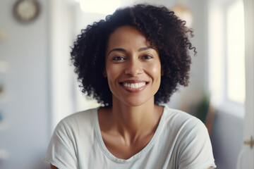 Fototapeta premium Happy mid adult woman, African and mixed race, smiles cheerfully at home, exuding joy and laughter. Ample copy space available.