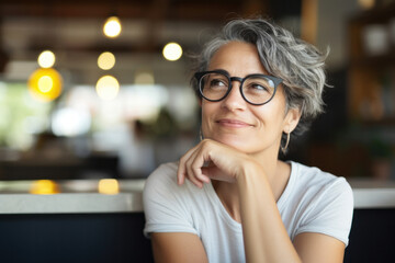 Beautiful woman in cafe looking away. Cheerful woman with glasses thinking, finger on chin. Happy woman relaxing, smiling at cafe..