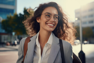 Fototapeta premium Successful woman on street, confident in blazer, carrying side bag, walking with a smile. Woman with sunglasses, walking and smiling..