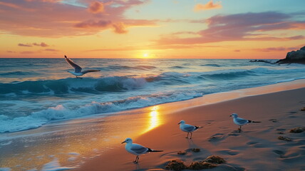 gold pink beautiful sunset at sea ,water wave ,cloudy sky,dramatic clouds,seagull fly 