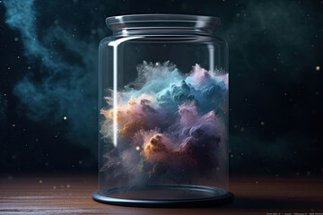 Magical glass jar container with universe, nebula and clumps of energy on dark background