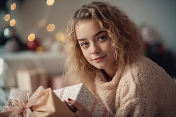 Cheerful young woman in pajamas opening christmas gift and looking at camera near Christmas tree in cozy living room of house